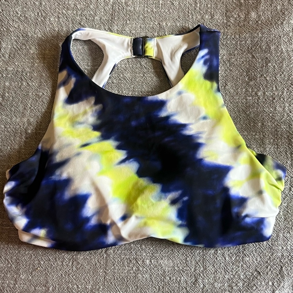 Athleta Tie-Dye Sports Bra /top in Navy, Yellow & White; 34B/C, Used, good cond.